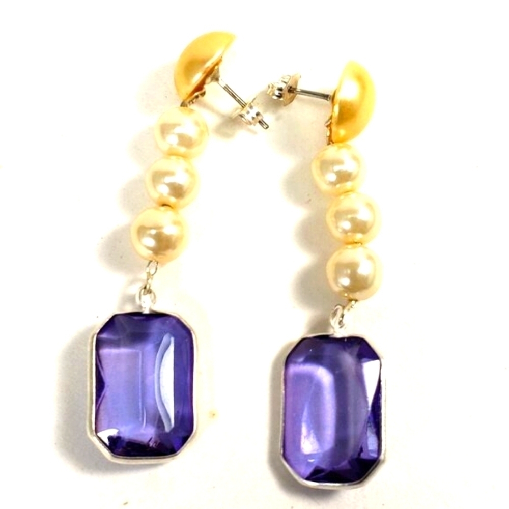 Off-White Bead Rectangular Shape Blue Stone Post Drop Dangle Earrings - Women